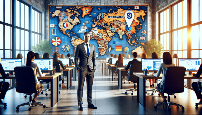 Man in suit in global office with world map.
