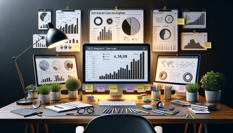 Workplace with multiple screens displaying SEO analytics and data.