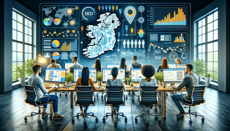 Professionals analysing Ireland marketing data on big screen.