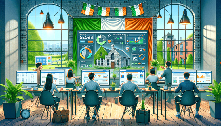People working on computers in an Irish-themed office with SEO data.