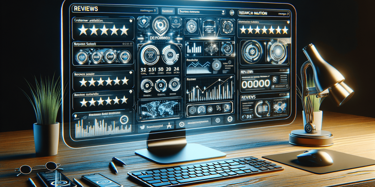 Futuristic transparent monitor displaying data and customer reviews on desk.