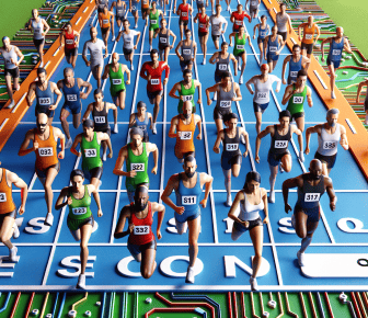 Runners on a circuit board-themed track.