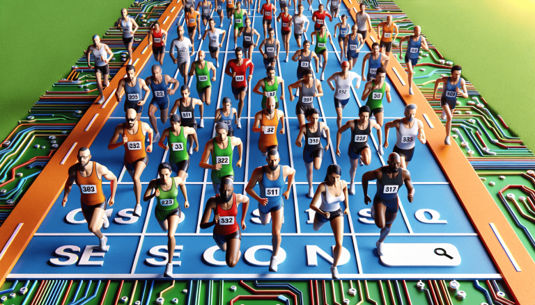 Runners on a search track resembling a circuit board.