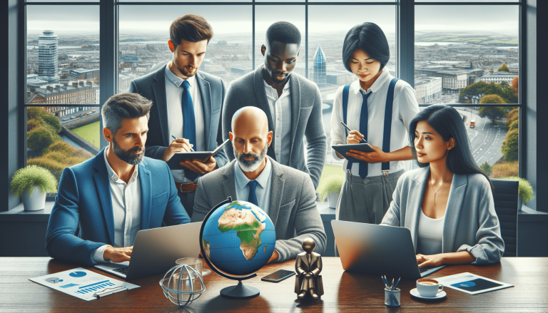 Global business team working with laptops and globe in modern office.