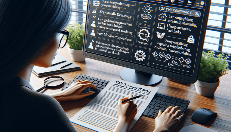 Woman writing SEO content at computer desk.