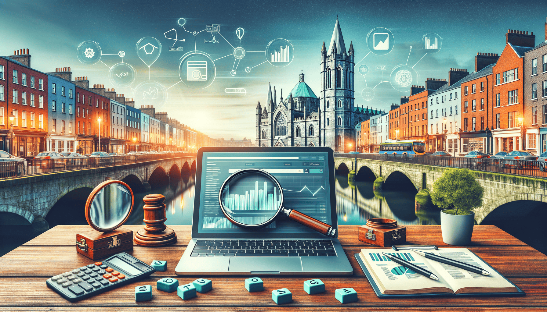 Business analytics with urban background and digital icons.