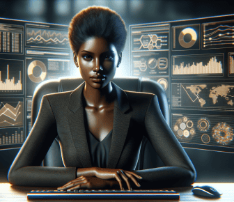 Woman in suit at data analysis desk
