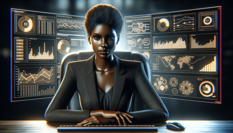 Black businesswoman at desk with dual data display screens.