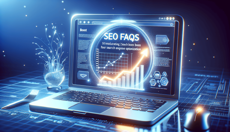 SEO FAQs on laptop screen with a glowing growth chart.