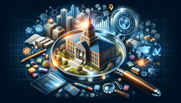 University building under magnifying glass, surrounded by educational and tech symbols.