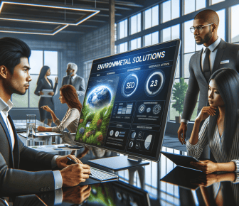 Team discusses environmental solutions in modern conference room.