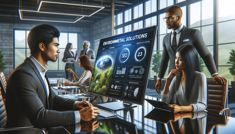 Professionals analysing environmental data on a large monitor in an office.