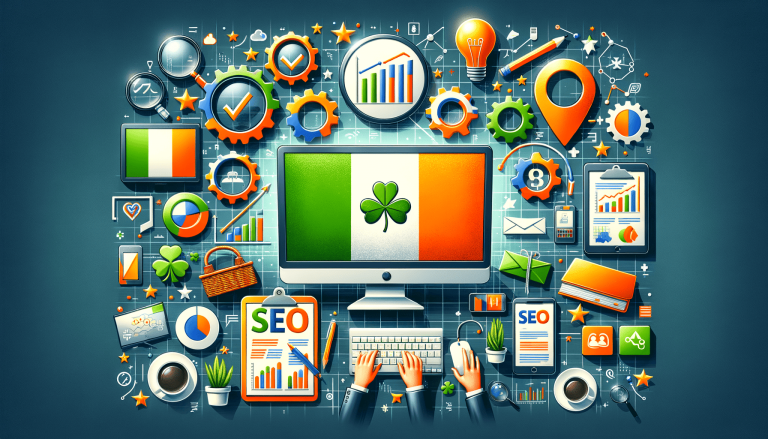 Irish SEO concept with flag, shamrock, and digital marketing icons.