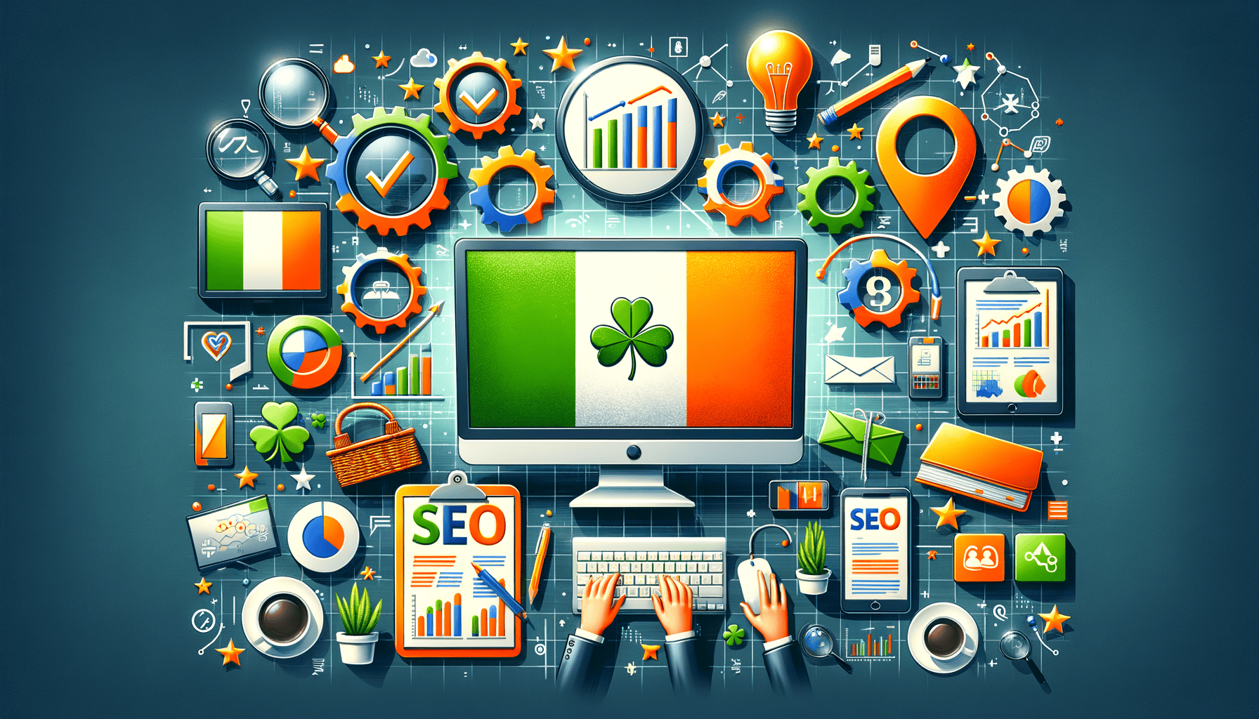 Irish-themed digital marketing and SEO illustration