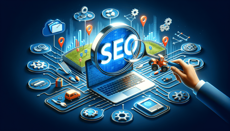 SEO optimisation concept with laptop, magnifying glass, and digital elements.