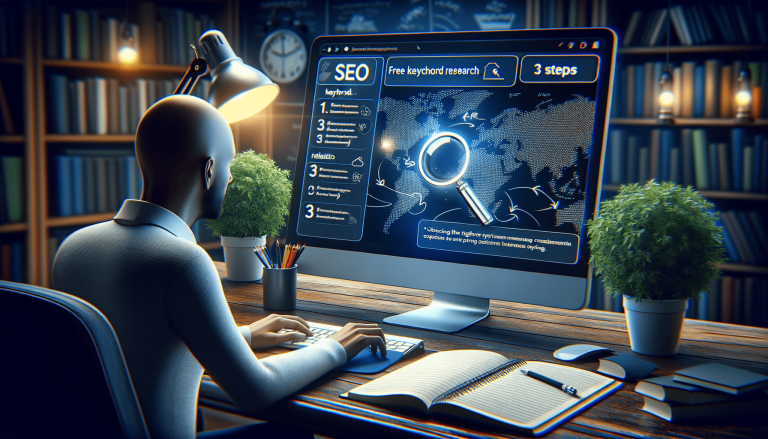 Man performing SEO keyword research on computer at wooden desk.