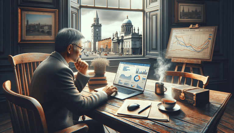 Man analysing data on laptop overlooking a historic city street.