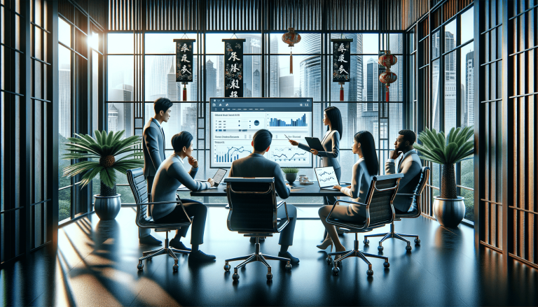Professionals present data in modern city office meeting.