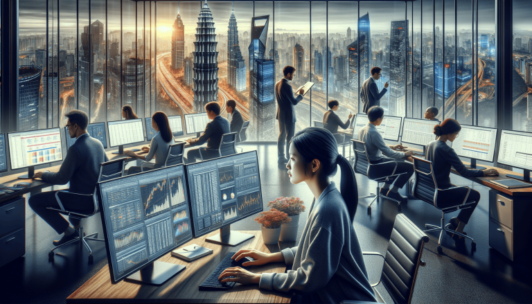 People working in a modern office overlooking a city skyline.