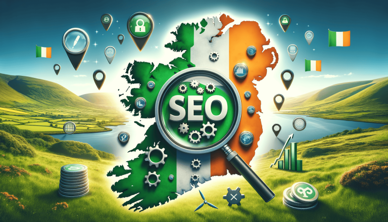 Map of Ireland with SEO magnifying glass and digital marketing icons.