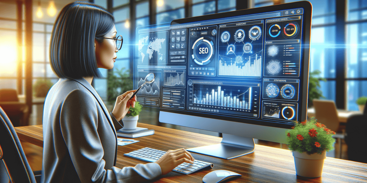 Woman analysing digital marketing data on computer screen.