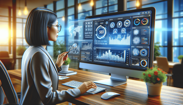 Businesswoman analysing digital SEO data on a monitor.