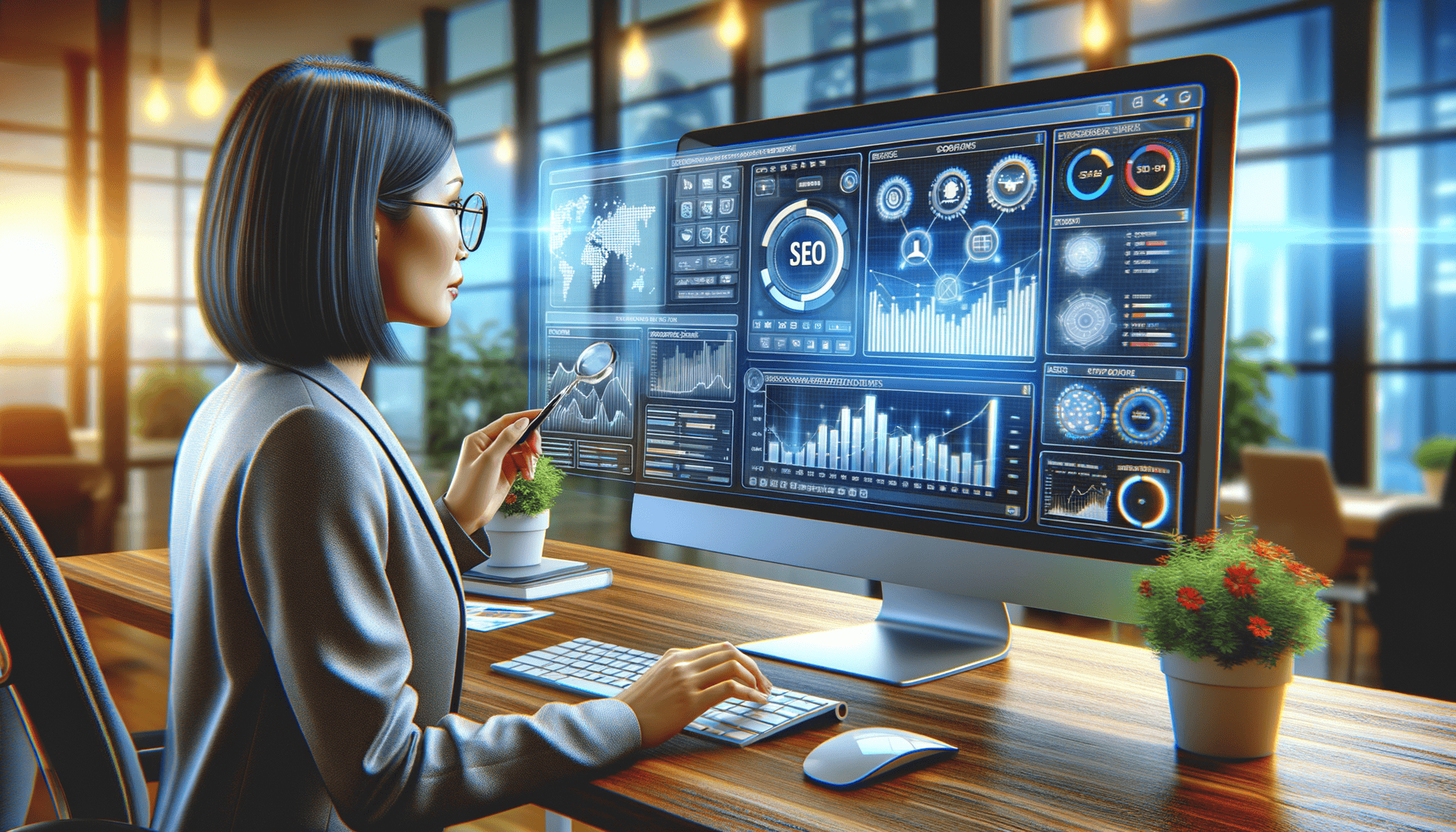 Woman analysing digital marketing data on computer screen.