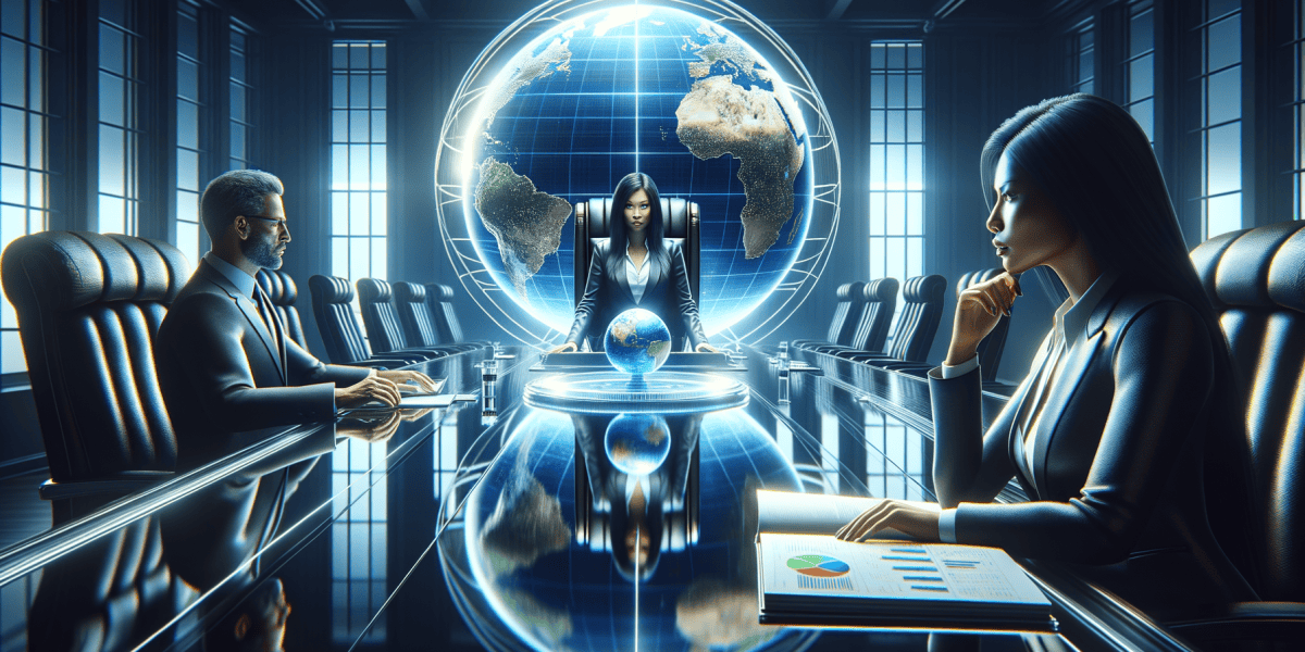 Business meeting with globe in conference room.