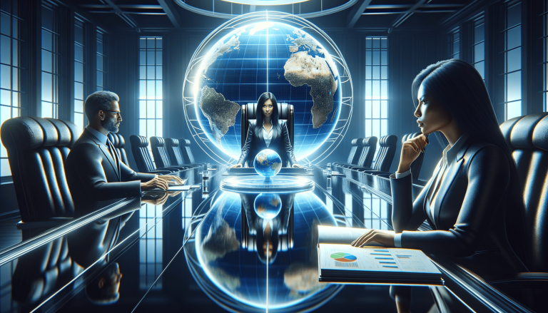 Global business leaders in high-tech boardroom with holographic Earth.