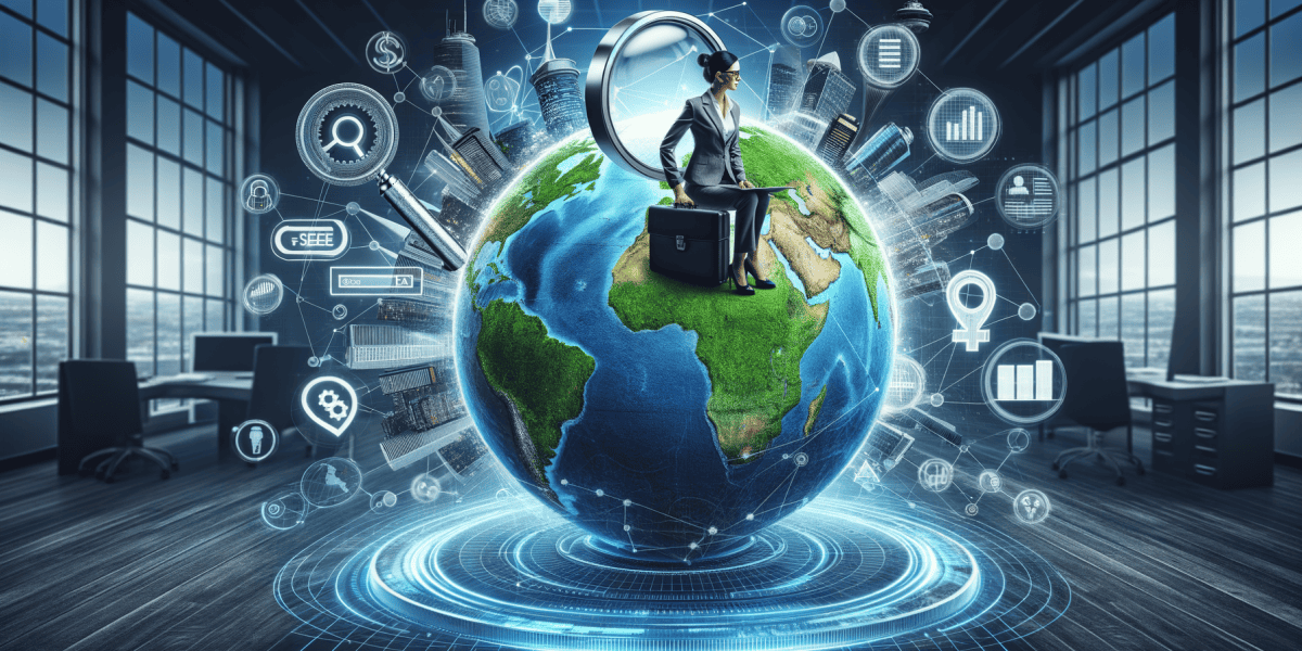 Businesswoman sitting on globe, futuristic technology symbols.