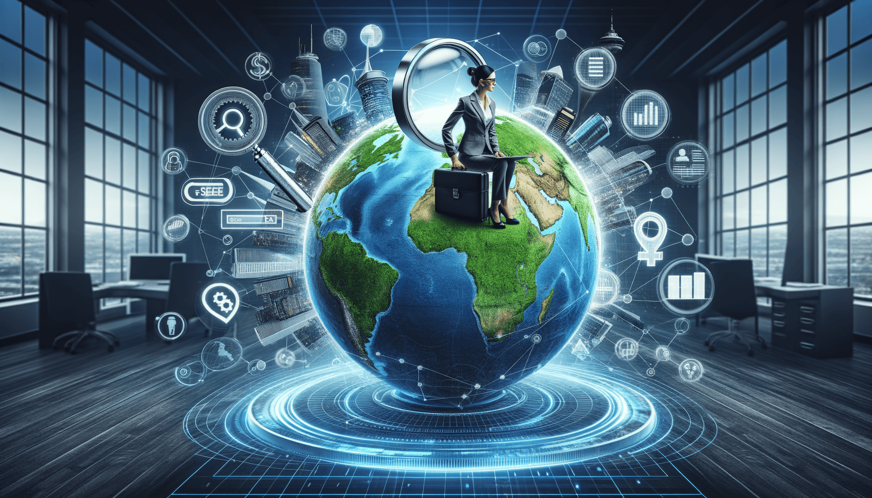 Businesswoman sitting on globe, futuristic technology symbols.