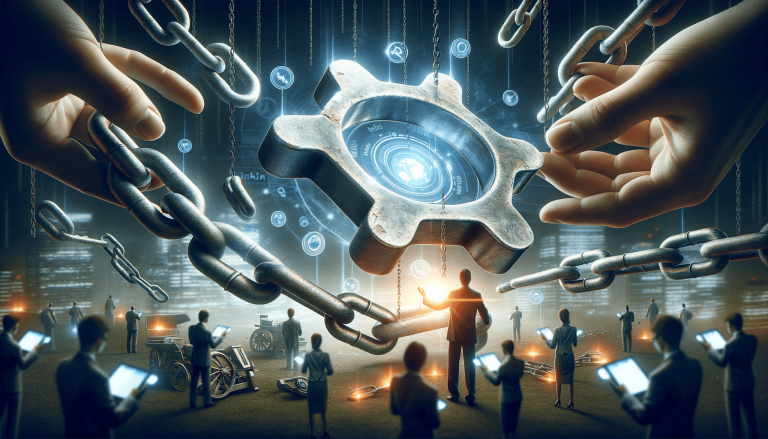 Blockchain: hands, chains, digital cog, and global network.