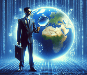 Businessman with magnifying glass, digital world background.