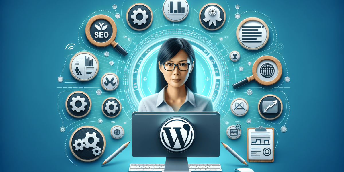 Professional woman with WordPress, SEO, web development icons.