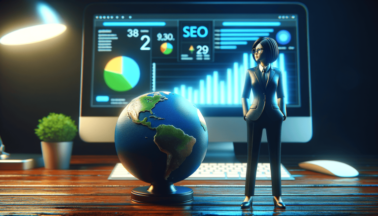 Global SEO strategy: businesswoman with globe and digital charts.