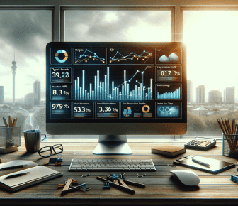 Desktop with business analytics dashboard and city view.