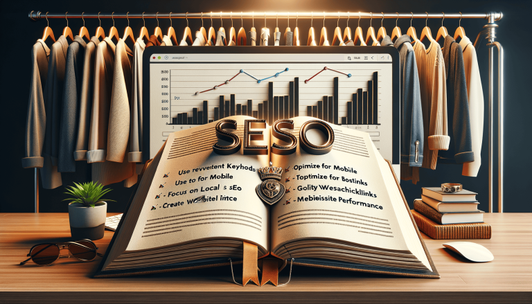 SEO guide book with graphs and clothing display.