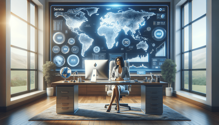 Businesswoman overseeing global SEO data on large digital screen.