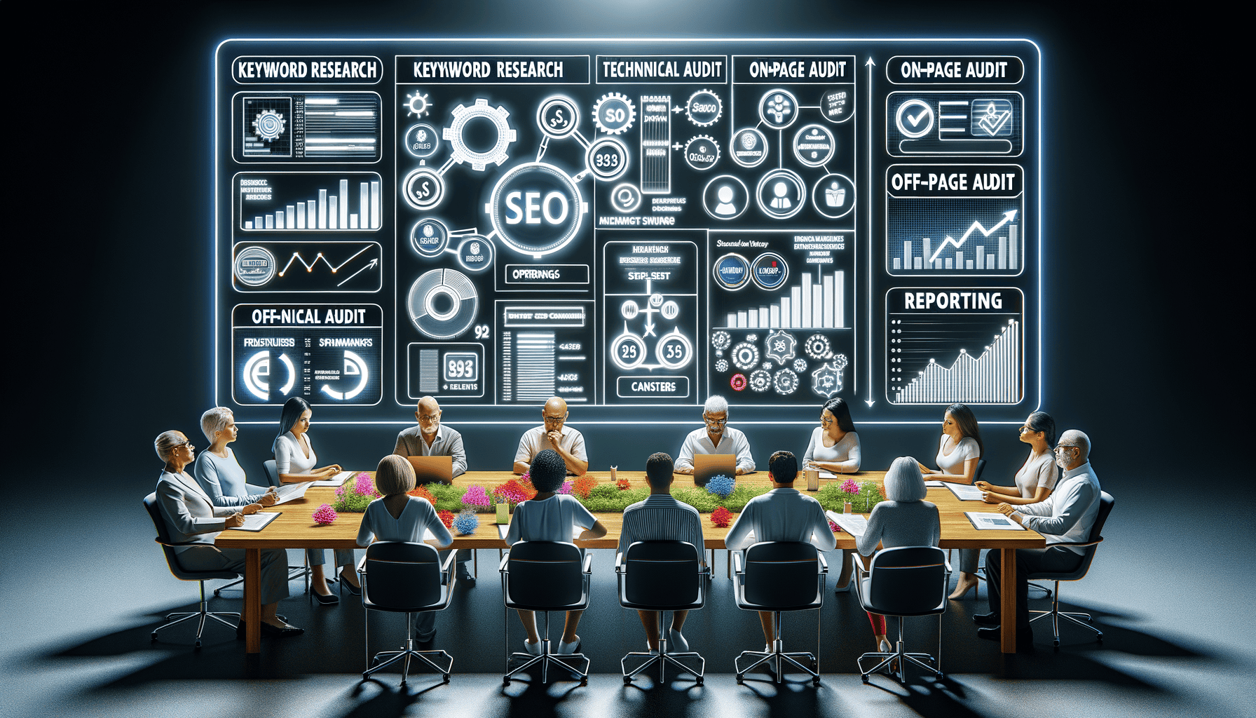 SEO meeting with diverse team and digital board.