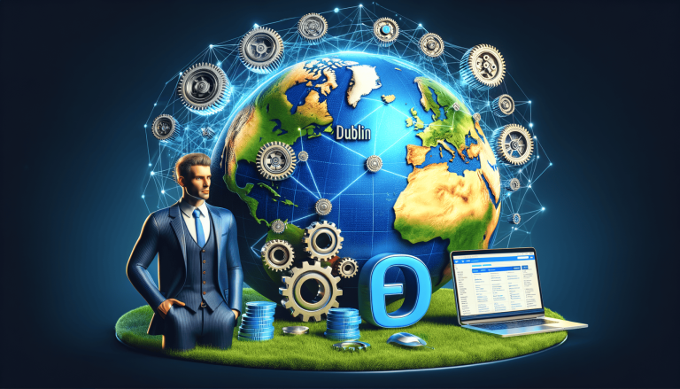 Businessman, global network, Dublin, technology, gears, laptop.