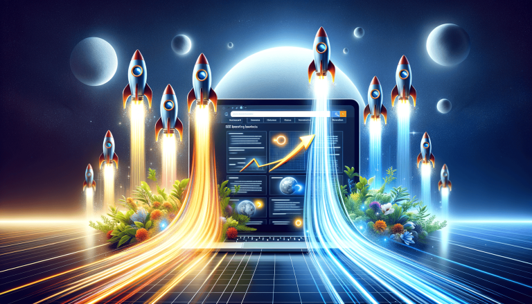 Rockets launching from laptop, displaying digital growth charts, space backdrop.