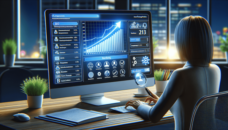 Woman analyses SEO data on computer in modern office.