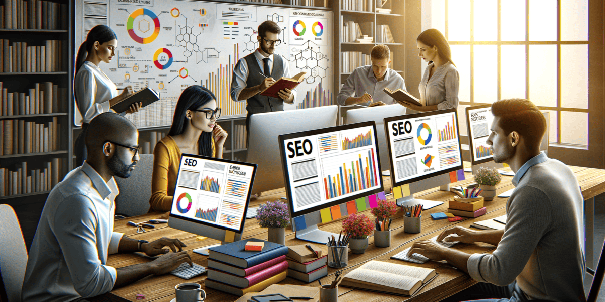 Team working on SEO analysis in office.