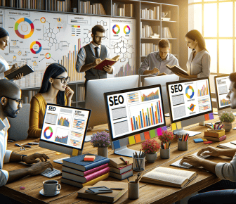 Team working on SEO analysis in office.