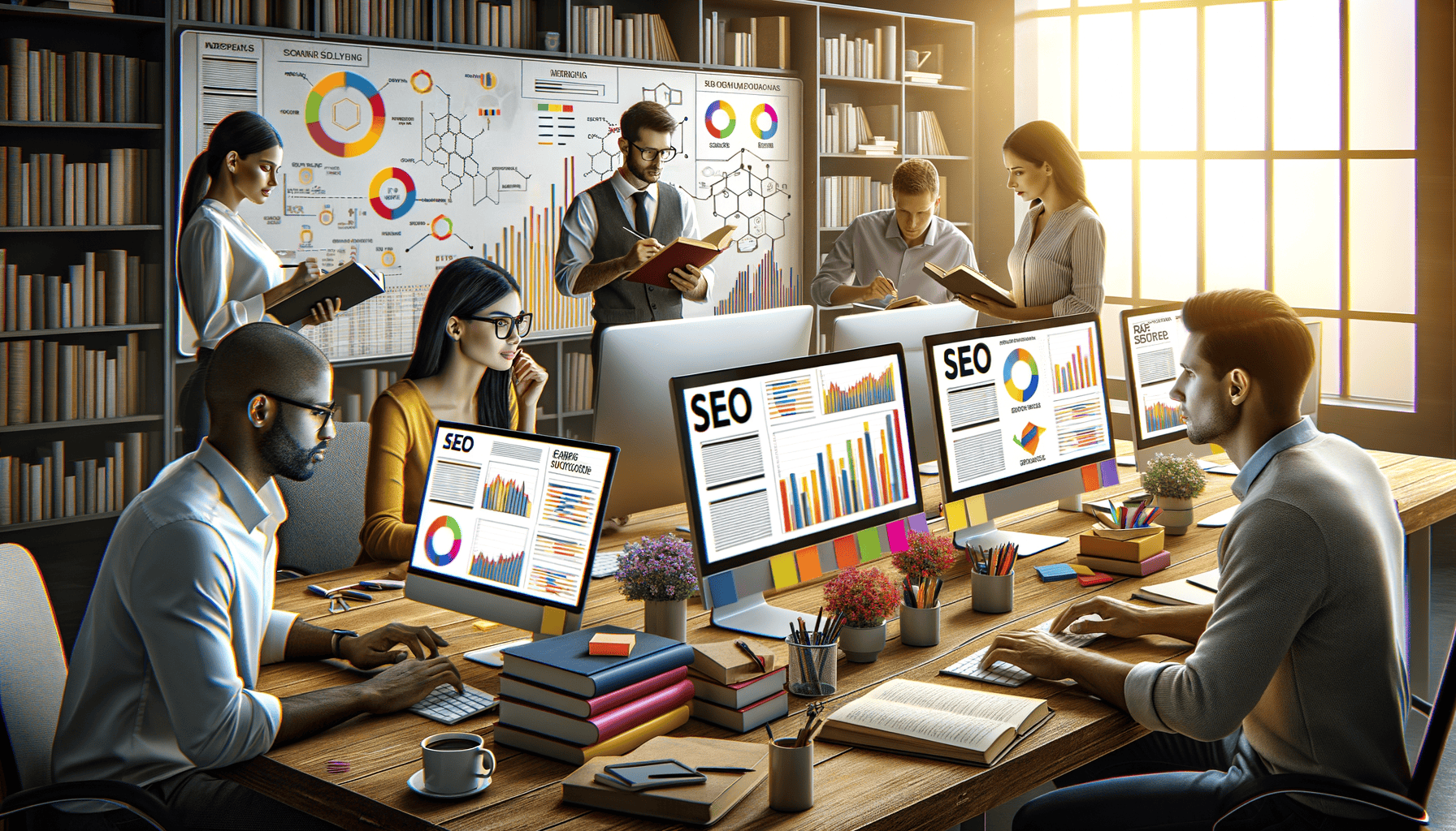 Team working on SEO analysis in office.