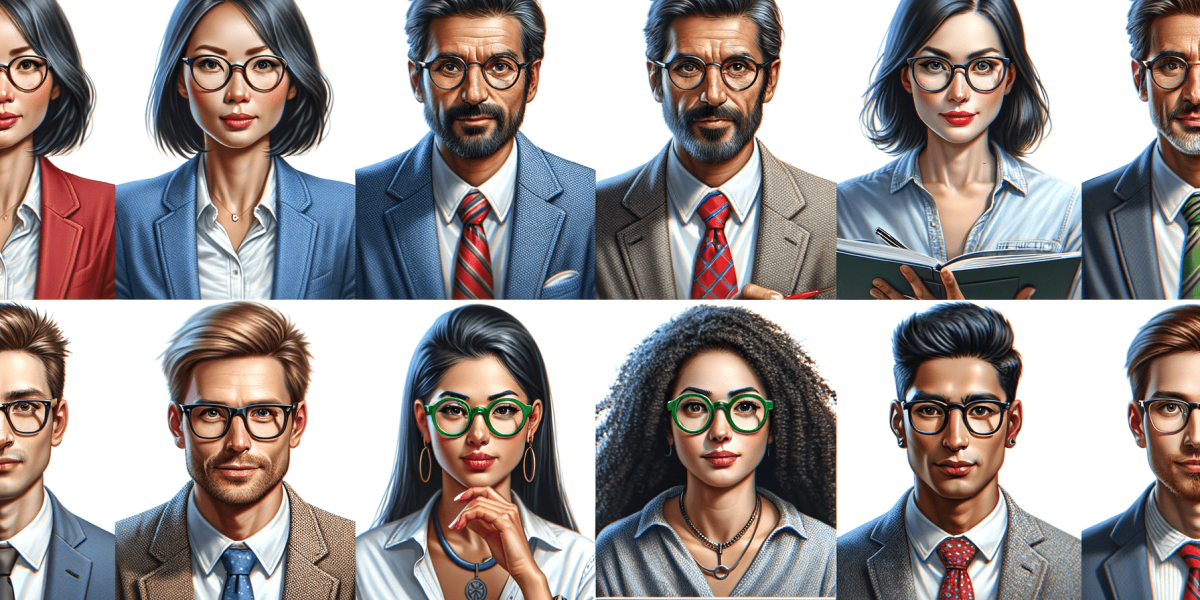 Portraits of diverse business professionals wearing glasses.