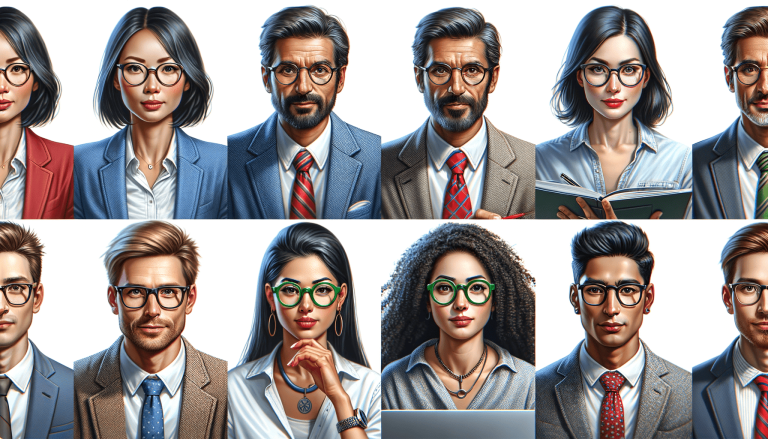 Portraits of diverse business professionals wearing glasses.