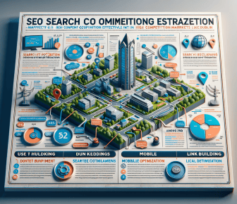 SEO strategy infographic with 3D visual elements.