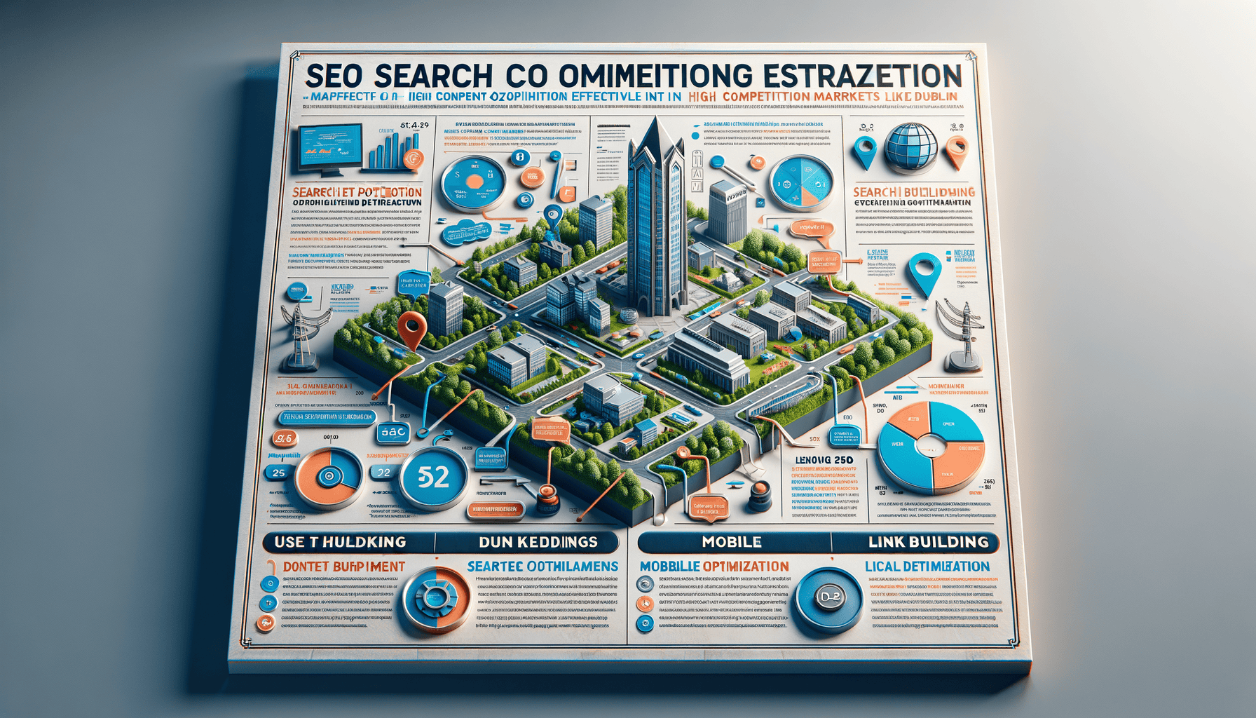 SEO strategy infographic with 3D visual elements.