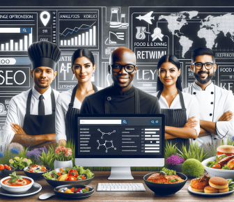 Chefs in kitchen with food and digital graphics.
